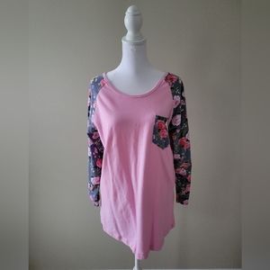 Pink & Gray Floral Baseball T 3/4 Length Sleeve - Size 14/16